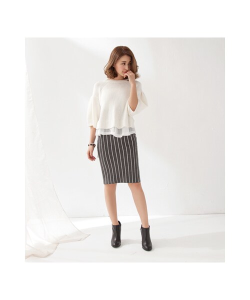 gracegift（グレースギフト）の「清新拼接下擺雪紡公主袖針織上衣（その他・レディース・白/黑・F）」の5枚目の写真