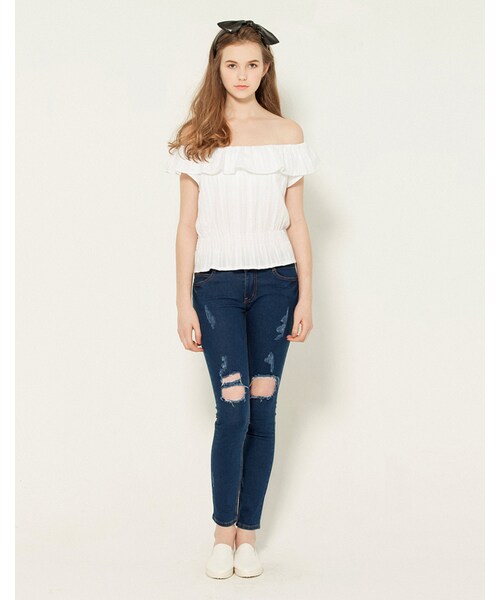 LOVFEE（ラッフィ）の「俐落率性刷破窄管牛仔長褲（パンツ・レディース・牛仔藍・XS/S/M/L/XL）」の4枚目の写真