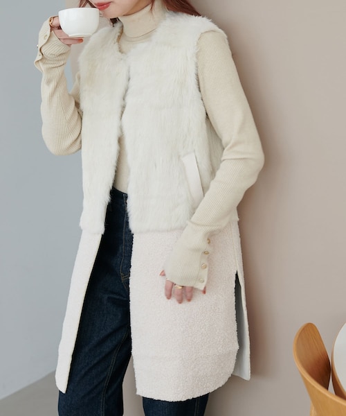 ファーロングベスト　ディスコート セール】【WEB限定】フェイクファーロングベスト（ベスト