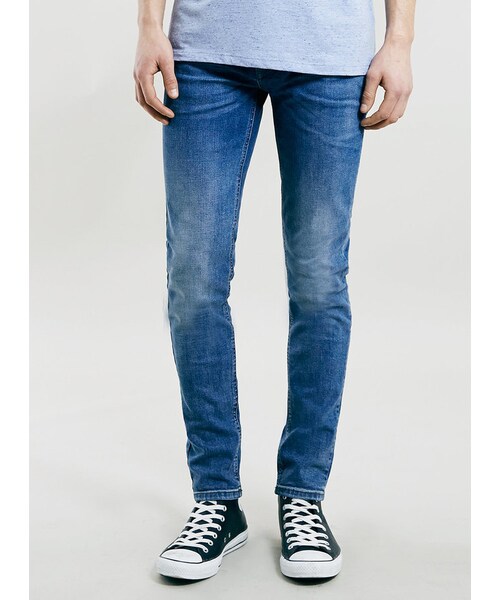 TOPMAN(トップマン)の「Mid Wash Blue Stretch Skinny Jeans(デニムパンツ・メンズ・Blue・36L/28S/30S/32S/34L/32L/30L/34S/36R/34R/32R/28R/30R)」の1枚目の写真