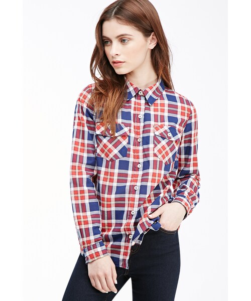 FOREVER 21（フォーエバー トゥエンティーワン）の「FOREVER 21 Two-Pocket Plaid Shirt（シャツ/ブラウス・レディース・Navy/red・Small/Large/Medium）」の4枚目の写真