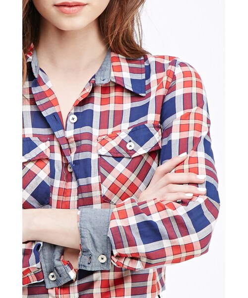 FOREVER 21（フォーエバー トゥエンティーワン）の「FOREVER 21 Two-Pocket Plaid Shirt（シャツ/ブラウス・レディース・Navy/red・Small/Large/Medium）」の2枚目の写真