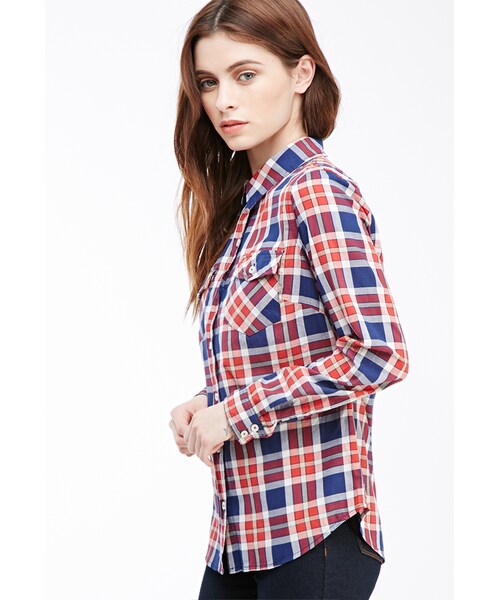 FOREVER 21（フォーエバー トゥエンティーワン）の「FOREVER 21 Two-Pocket Plaid Shirt（シャツ/ブラウス・レディース・Navy/red・Small/Large/Medium）」の5枚目の写真