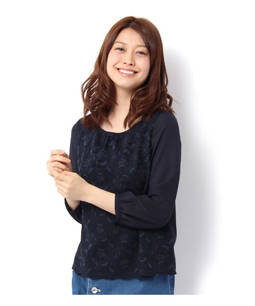 laboratory work（ラボラトリーワーク）の「フロントレース7分袖ブラウス（トップス・レディース・オフホワイト/ネイビー・M）」の2枚目の写真