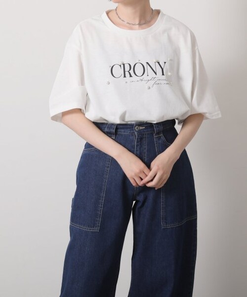 OUTLET(アウトレット)の「パール付ロゴビックTシャツ(トップス・レディース・クロ/オフシロ・FREE)」の4枚目の写真