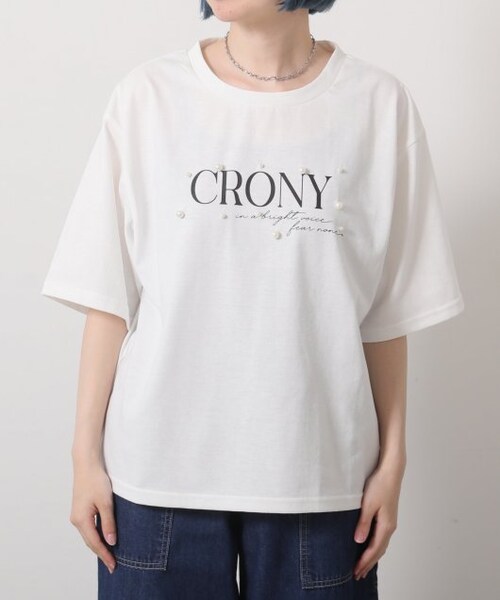 OUTLET(アウトレット)の「パール付ロゴビックTシャツ(トップス・レディース・クロ/オフシロ・FREE)」の6枚目の写真