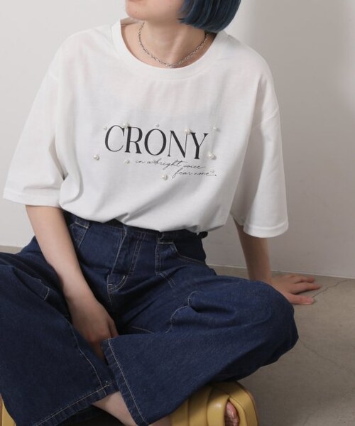 OUTLET(アウトレット)の「パール付ロゴビックTシャツ(トップス・レディース・クロ/オフシロ・FREE)」の2枚目の写真