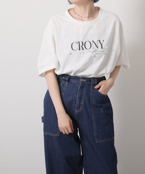 OUTLET(アウトレット)の「パール付ロゴビックTシャツ(トップス・レディース・クロ/オフシロ・FREE)」の3枚目の写真