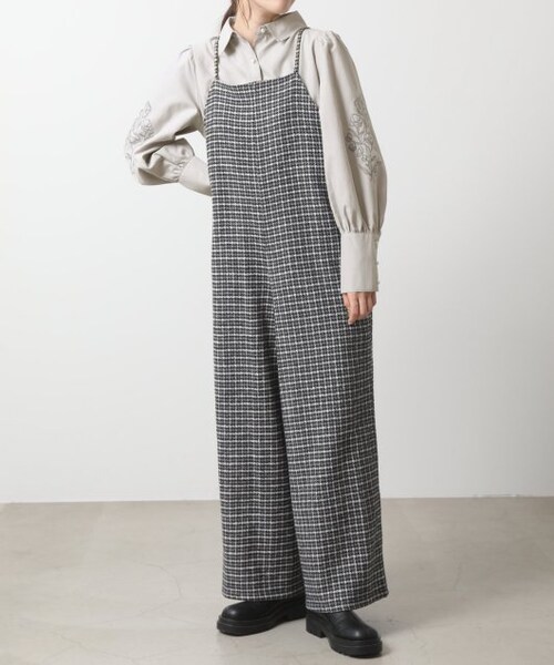 OUTLET(アウトレット)の「起毛チェック柄サロペット(オールインワン・サロペット・レディース・ブラウン/チャコールグレー・FREE)」の2枚目の写真