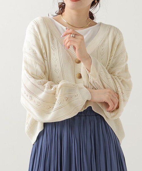 OUTLET(アウトレット)の「透かし編みVネックカーディガン(トップス・レディース・クロ/グリーン/オレンジ/オフシロ・FREE)」の4枚目の写真