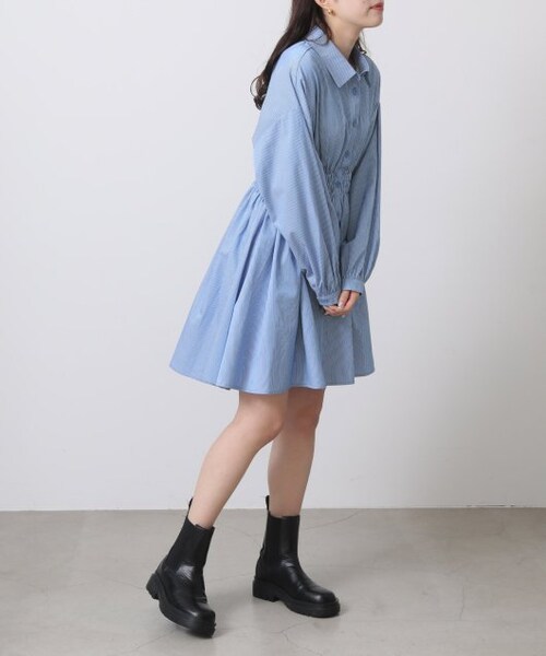 OUTLET（アウトレット）の「ウエストシャーリングミニワンピース（ワンピース/ドレス・レディース・クロ/オフシロ/ブルー系・FREE）」の3枚目の写真