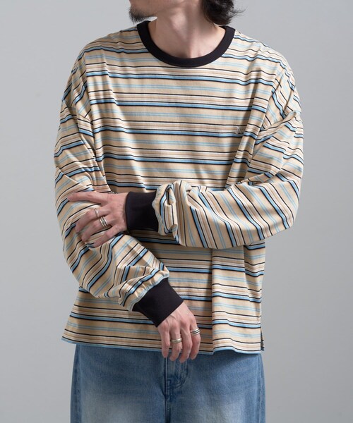 Lui's(ルイス)の「【Neucon / ニューコン】24SS 刺繍ボーダー L/S TEE(Tシャツ/カットソー・メンズ・ベージュ/ブラック・1/2)」の1枚目の写真