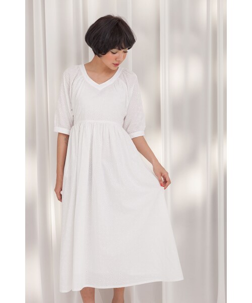 Marjorie(マージョリー)の「田園清新,大V領復古小碎花古著長洋(ワンピース/ドレス・レディース・白/淺灰・F)」の1枚目の写真
