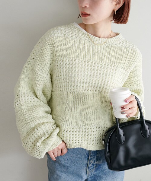 【ユニセックス】テープヤーンカタアゼスカシ柄ニット