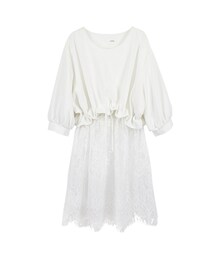 gracegift | 韓國柔感雪紡拼接蕾絲綁結上衣(トップス)