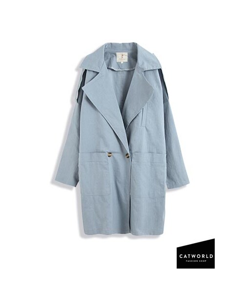 catworld（キャットワールド）の「肩飾雙釦翻領寬版風衣外套（ジャケット/アウター・レディース・淺藍/卡其・F）」の3枚目の写真