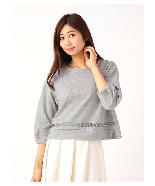 earth music&ecology（アースミュージックアンドエコロジー）の「ポンチレース切替プルオーバー（カットソー・レディース・オフホワイト/杢ライトグレー/ネイビー・F）」の8枚目の写真