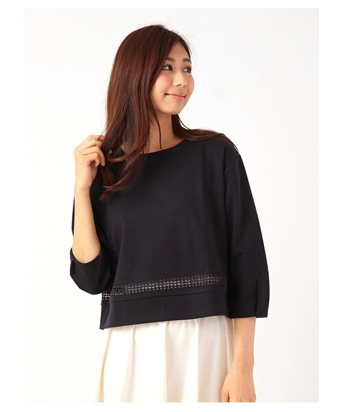 earth music&ecology（アースミュージックアンドエコロジー）の「ポンチレース切替プルオーバー（カットソー・レディース・オフホワイト/杢ライトグレー/ネイビー・F）」の9枚目の写真