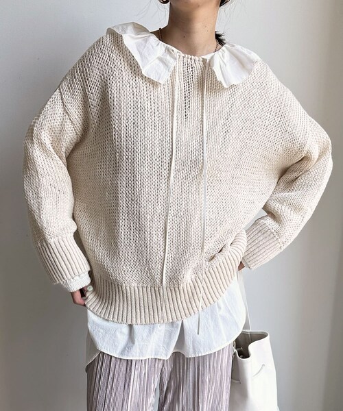 DouDou(ドゥドゥ)の「コットンローゲージプルオーバー(ニット/セーター・レディース・エクリュ/グレー・F)」の1枚目の写真