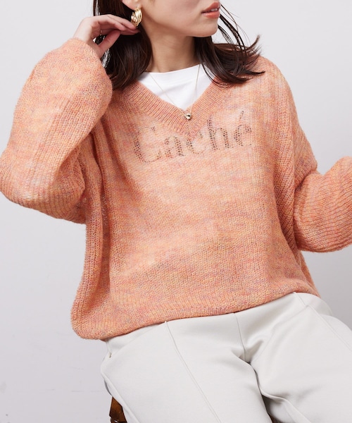 Chez toi（シェトワ）の「Vネックカラフルシアーニットプルオーバー（ニット/セーター・レディース・ベージュ/オレンジ/グリーン/ネイビー・F）」の4枚目の写真