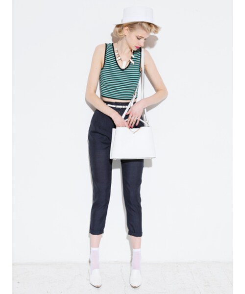 MURUA（ムルーア）の「【CASUAL】マルチボーダーニットショートT/T（トップス・レディース・ブラック/ライム/グリーン）」の5枚目の写真