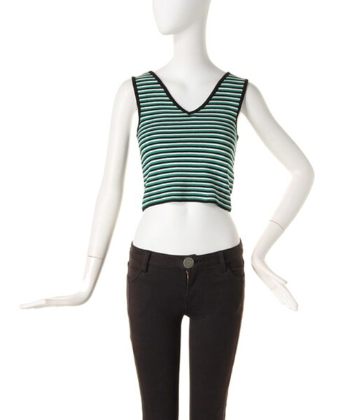 MURUA（ムルーア）の「【CASUAL】マルチボーダーニットショートT/T（トップス・レディース・ブラック/ライム/グリーン）」の3枚目の写真