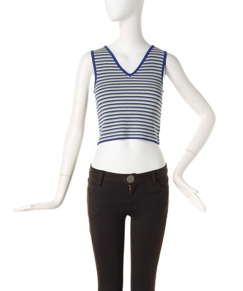 MURUA（ムルーア）の「【CASUAL】マルチボーダーニットショートT/T（トップス・レディース・ブラック/ライム/グリーン）」の2枚目の写真