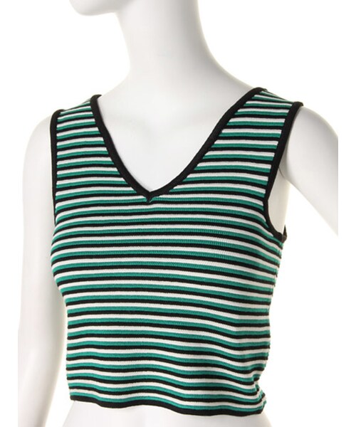 MURUA（ムルーア）の「【CASUAL】マルチボーダーニットショートT/T（トップス・レディース・ブラック/ライム/グリーン）」の12枚目の写真