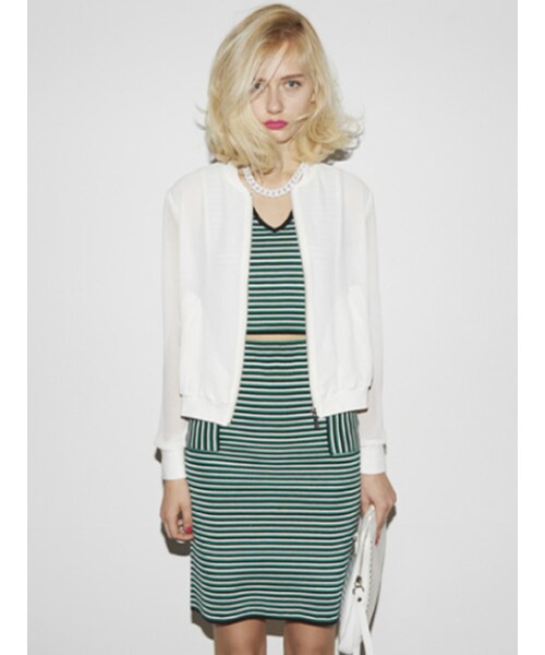 MURUA（ムルーア）の「【CASUAL】マルチボーダーニットショートT/T（トップス・レディース・ブラック/ライム/グリーン）」の4枚目の写真