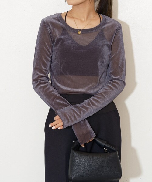 Lui's(ルイス)の「ベロアメッシュ2wayトップス(Tシャツ/カットソー・レディース・オフホワイト/グレージュ/ピンク/グレー・F)」の2枚目の写真