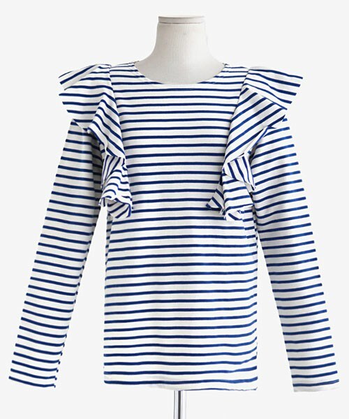 DHOLIC（ディーホリック）の「ラッフルボーダーTシャツ（Tシャツ/カットソー・レディース・ネイビー/グレー/ブルー・FREE）」の3枚目の写真