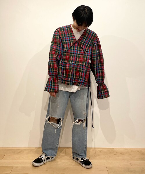 HOLIDAY（ホリデイ）の「CHECK LINEN BIG COLLAR BLOUSE