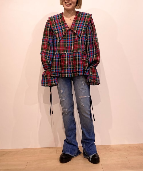 リネンビッグチェックカットソーを使った人気ファッション