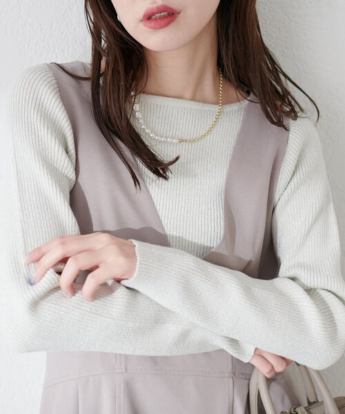 natural couture(ナチュラルクチュール)の「前後2wayラメリブニット(ニット/セーター・レディース・アイボリー/ライトグレー/ミント/ブラック・FREE)」の1枚目の写真