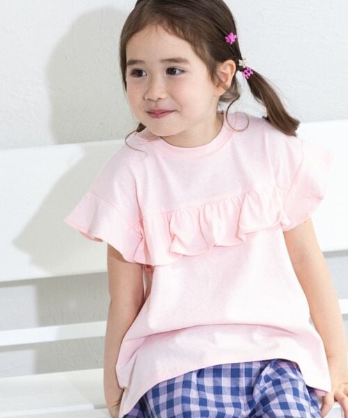 pairmanon（ペアマノン）の「選べるデザイン ガールズフリルトップス（トップス・ホワイト01/アイボリーボーダー03/ブラック09/ブラックボーダー18/ブラックフラワー19/ピンク20/ライトピンク21/ライトピンク24/ピンクフラワー25/ライム63/ライトベージュ64/ミントボーダー75/ブルー80/ライトブルー81/ブルー84/ミックスボーダー85/パープル90/ラベンダー92/パープル93・100/110/120/130/140/150/80/90）」の11枚目の写真