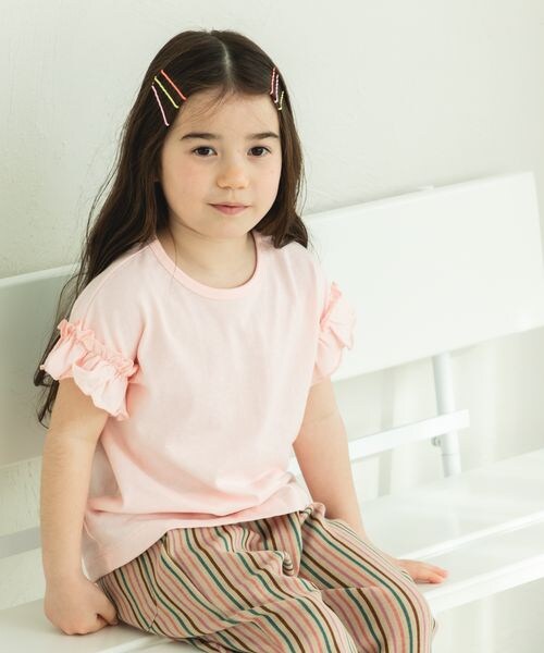 pairmanon（ペアマノン）の「選べるデザイン ガールズフリルトップス（トップス・ホワイト01/アイボリーボーダー03/ブラック09/ブラックボーダー18/ブラックフラワー19/ピンク20/ライトピンク21/ライトピンク24/ピンクフラワー25/ライム63/ライトベージュ64/ミントボーダー75/ブルー80/ライトブルー81/ブルー84/ミックスボーダー85/パープル90/ラベンダー92/パープル93・100/110/120/130/140/150/80/90）」の10枚目の写真