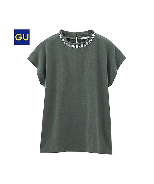 GU（ジーユー）の「（GU）ビジューハイネックＴ（半袖）（WOMEN ⁄ カットソー（Ｔシャツ）・レディース・BLACK/OLIVE/OFF WHITE・L/S/XL/M）」の3枚目の写真