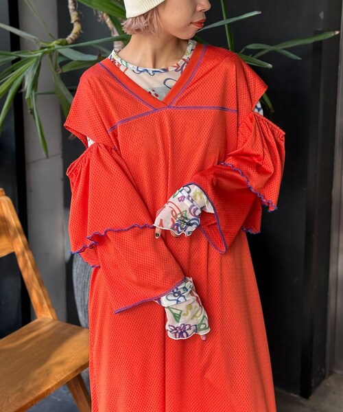 CIAOPANIC（チャオパニック）の「【ルーレットクーポン対象アイテム【HELLO.SANFRANCISCO/ハローサンフランシスコ】メッシュフリルフットボールワンピ（ワンピース/ドレス・レディース・オフホワイト/オレンジ・ONE）」の2枚目の写真