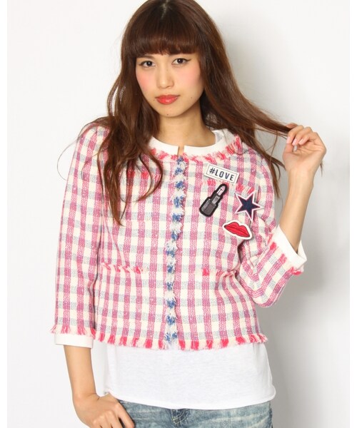 VICKY（ビッキー）の「ギンガムファンシーワッペン付ノーカラージャケット（ジャケット/アウター・レディース・ホワイト系/レッド系・S/M）」の2枚目の写真