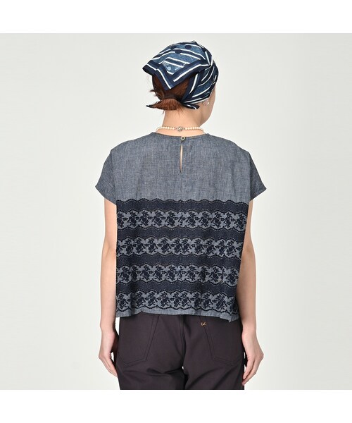45R フォーティファイブ・アール ハケ目カットワーク × 天竺キャミソール SET売り SET インディゴ WHITE indigo 白 コットン 綿 キャミ 3 45R（フォーティファイブアール）の「ハケ目カットワークのMシャツ