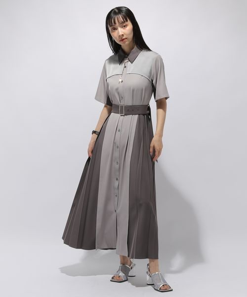 【美品】HARE　アソートプリーツワンピース　ストライプ　グレー　ベルト付き 美品】HARE アソートプリーツワンピース ストライプ グレー