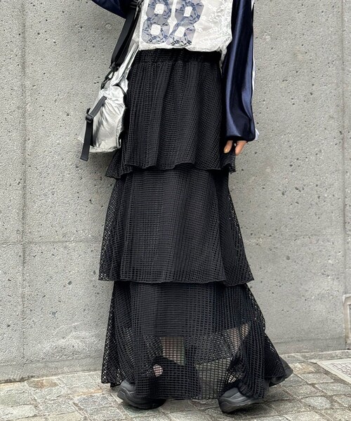CIAOPANIC（チャオパニック）の「メッシュティアードロングスカート（スカート・レディース・オフホワイト/グリーン/ブラック・ONE）」の2枚目の写真