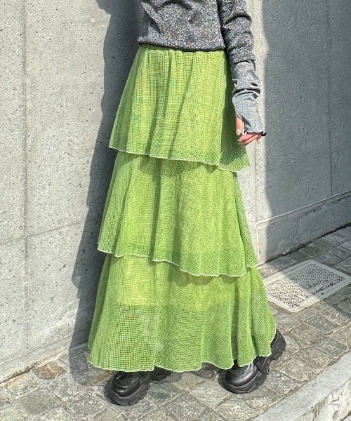 CIAOPANIC（チャオパニック）の「メッシュティアードロングスカート（スカート・レディース・オフホワイト/グリーン/ブラック・ONE）」の3枚目の写真