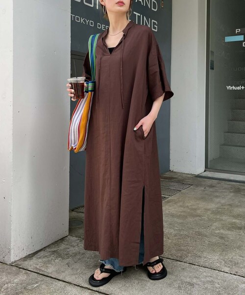 CIAOPANIC TYPY(チャオパニックティピー)の「【スッキリ見え】リネンレーヨンスキッパーワンピース(ワンピース/ドレス・レディース・オレンジ/レッド/ブラウン/ブラック・ONE)」の3枚目の写真