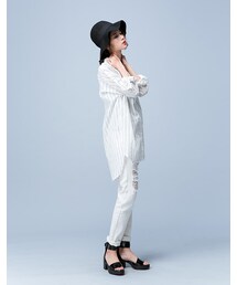 mooncat | 紋棉麻長版襯衫色(トップス)