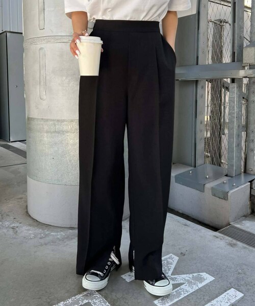 CIAOPANIC TYPY(チャオパニックティピー)の「【スッキリ見え】テックリネンストレートタックワイドパンツ(パンツ・レディース・アイボリー/ライムグリーン/ブラウン/ブラック・S/M)」の2枚目の写真