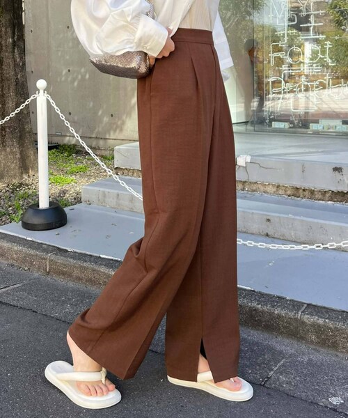 CIAOPANIC TYPY(チャオパニックティピー)の「【スッキリ見え】テックリネンストレートタックワイドパンツ(パンツ・レディース・アイボリー/ライムグリーン/ブラウン/ブラック・S/M)」の3枚目の写真