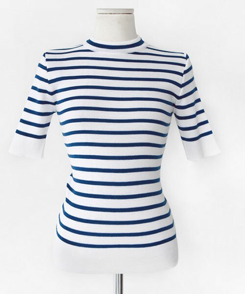 DHOLIC(ディーホリック)の「ボーダー半袖スリムニット(ニット/セーター・レディース・ホワイトアイボリー/ブラック/ブルー・FREE)」の3枚目の写真