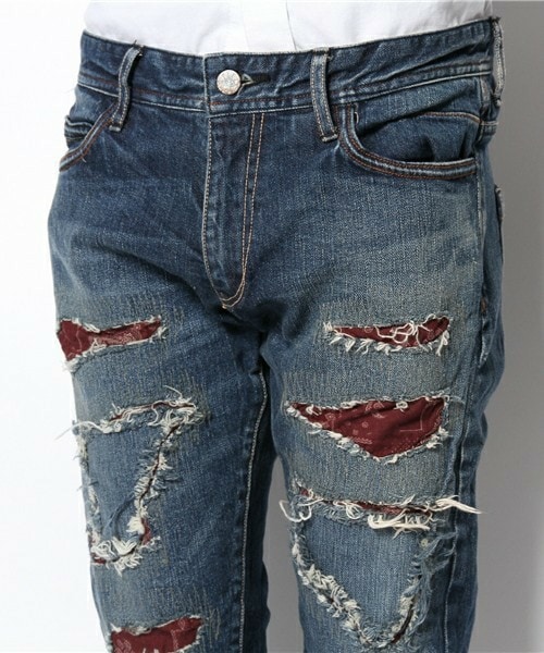 SABLE CLUTCH(セーブルクラッチ)の「バンダナリペア ストレッチ ヴィンテージ ジーンズ-スリム(デニムパンツ・メンズ・インディゴブルー・SMALL/MEDIUM/LARGE)」の4枚目の写真