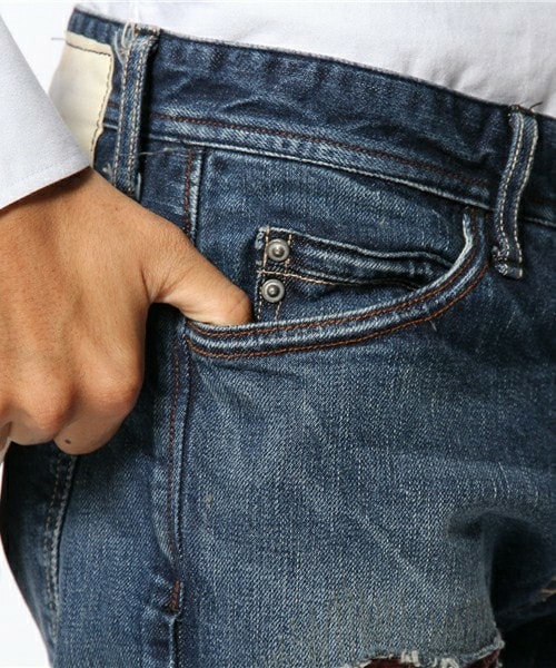 SABLE CLUTCH(セーブルクラッチ)の「バンダナリペア ストレッチ ヴィンテージ ジーンズ-スリム(デニムパンツ・メンズ・インディゴブルー・SMALL/MEDIUM/LARGE)」の6枚目の写真